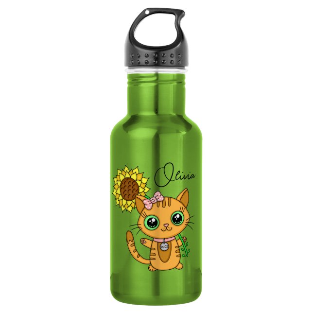 Personalized Cute Kawaii Cat Holding Flower    532 Ml Water Bottle (Front)