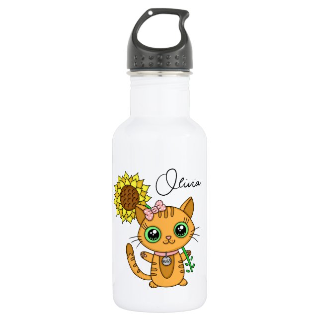 Personalized Cute Kawaii Cat Holding Flower   532 Ml Water Bottle (Front)