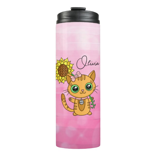 Personalized Cute Kawaii Cat Holding Flower  Thermal Tumbler (Front)