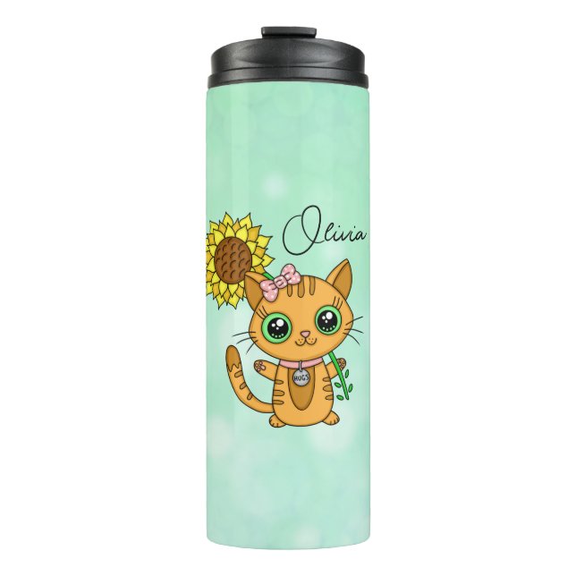 Personalized Cute Kawaii Cat Holding Flower  Thermal Tumbler (Front)