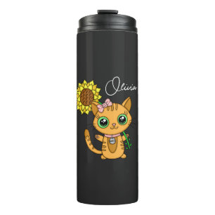 Personalized Cute Kawaii Cat Holding Flower   Thermal Tumbler