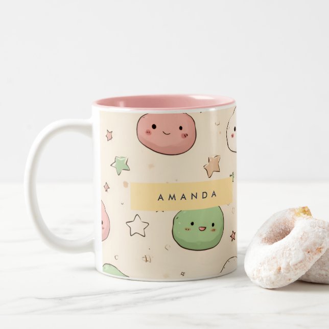 Personalized Cute Kawaii Mochi Pattern Two-Tone Coffee Mug (With Donut)