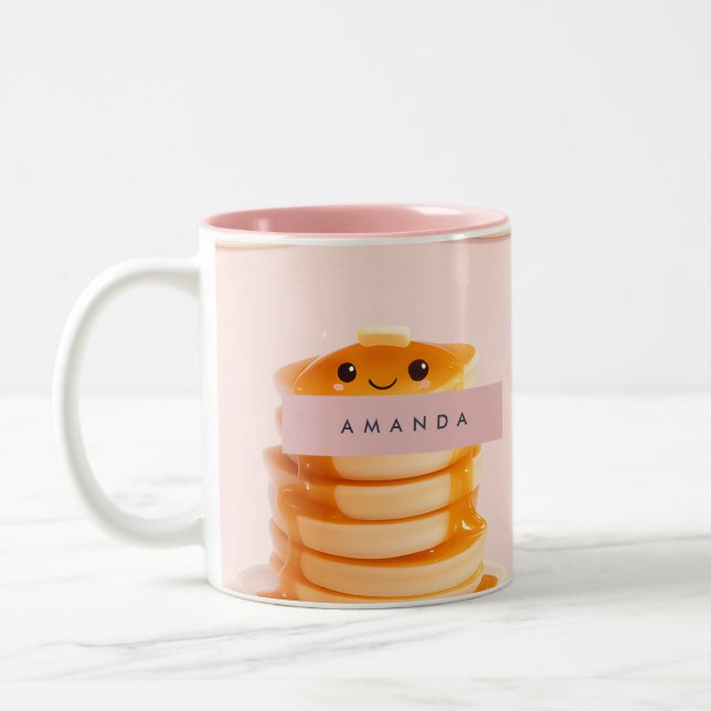 Personalized Cute Kawaii Pancake Stack with Syrup Two-Tone Coffee Mug (Left)