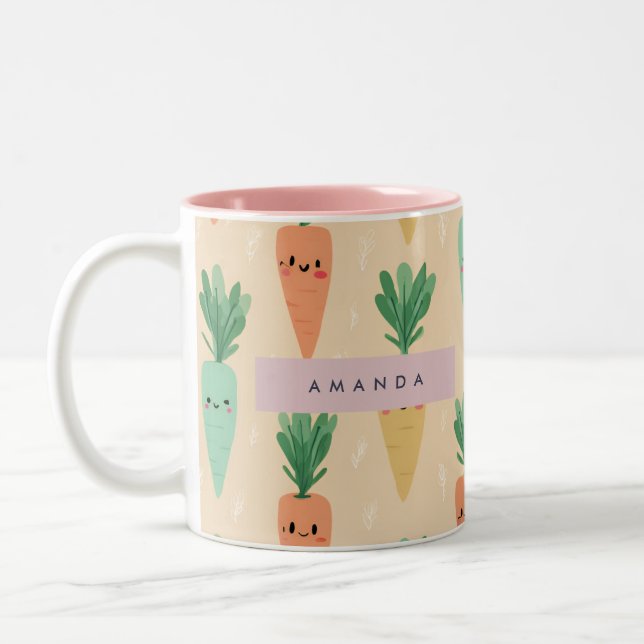 Personalized Cute Kawaii Pastel Carrot Faces  Two-Tone Coffee Mug (Left)
