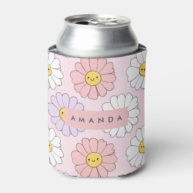 Personalized Cute Kawaii Pastel Daisy Flower Faces Can Cooler (Can Front)