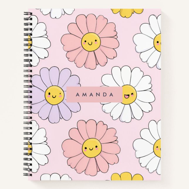Personalized Cute Kawaii Pastel Daisy Flower Faces Notebook (Front)