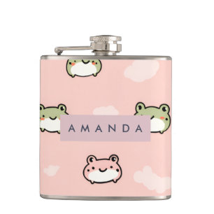 Personalized Cute Kawaii Pastel Frog Design Pink Hip Flask