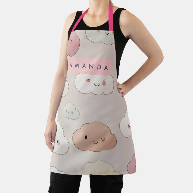 Personalized Cute Kawaii Pastel Smiling Clouds Apron (Insitu)