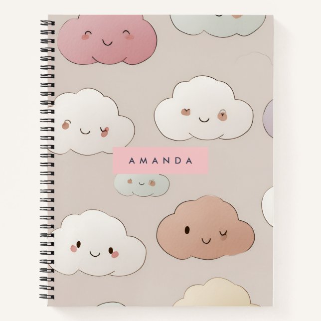 Personalized Cute Kawaii Pastel Smiling Clouds Notebook (Front)
