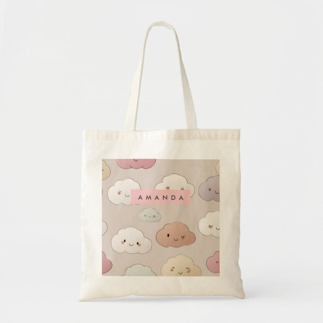 Personalized Cute Kawaii Pastel Smiling Clouds Tote Bag (Front)