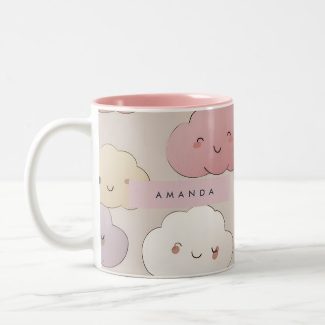 Personalized Cute Kawaii Pastel Smiling Clouds Two-Tone Coffee Mug (Left)