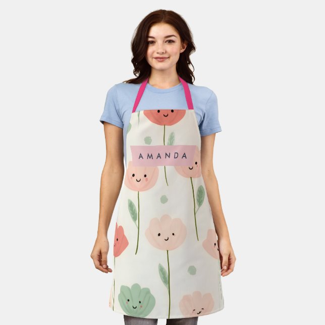 Personalized Cute Kawaii Pastel Smiling Flower  Apron (Worn)