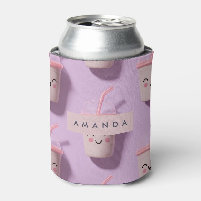 Personalized Cute Kawaii Pastel Smoothie Cup Faces Can Cooler (Can Front)