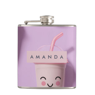 Personalized Cute Kawaii Pastel Smoothie Cup Faces Hip Flask