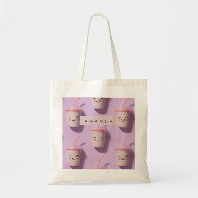 Personalized Cute Kawaii Pastel Smoothie Cup Faces Tote Bag (Front)