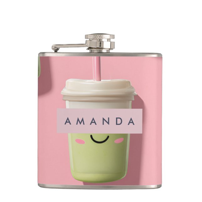 Personalized Cute Kawaii Pastel Smoothie Matcha Hip Flask (Front)