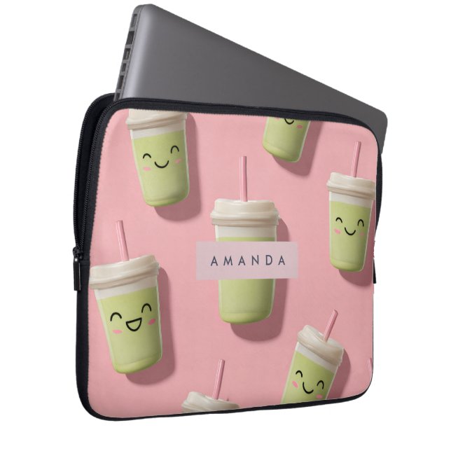 Personalized Cute Kawaii Pastel Smoothie Matcha Laptop Sleeve (Front Right)
