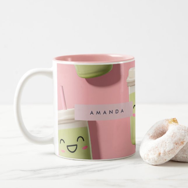 Personalized Cute Kawaii Pastel Smoothie Matcha Two-Tone Coffee Mug (With Donut)