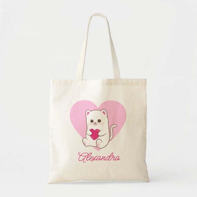 Personalized Cute Kawaii Pink Heart Cat Love Tote Bag (Front)