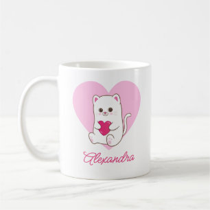 Personalized Cute Kawaii Pink Heart Cat Name Coffee Mug
