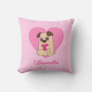 Personalized Cute Kawaii Pink Heart Pug Baby Name Throw Pillow