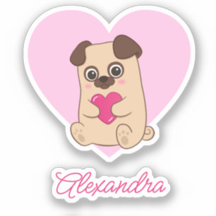 Personalized Cute Kawaii Pink Heart Pug Name