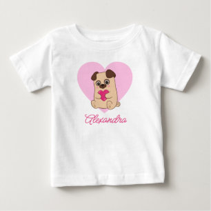 Personalized Cute Kawaii Pink Heart Pug Name Baby T-Shirt