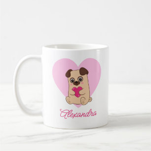 Personalized Cute Kawaii Pink Heart Pug Name Coffee Mug