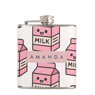 Personalized Cute Kawaii Pink Milk Carton Design Hip Flask