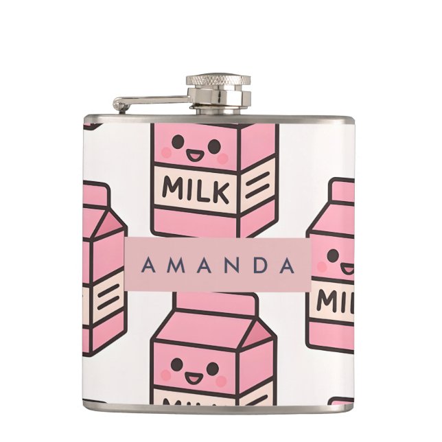 Personalized Cute Kawaii Pink Milk Carton Design Hip Flask (Front)