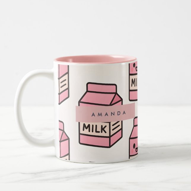 Personalized Cute Kawaii Pink Milk Carton Design Two-Tone Coffee Mug (Left)