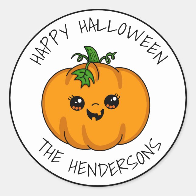 Personalized Cute Kawaii Pumpkin Halloween Classic Round Sticker (Front)