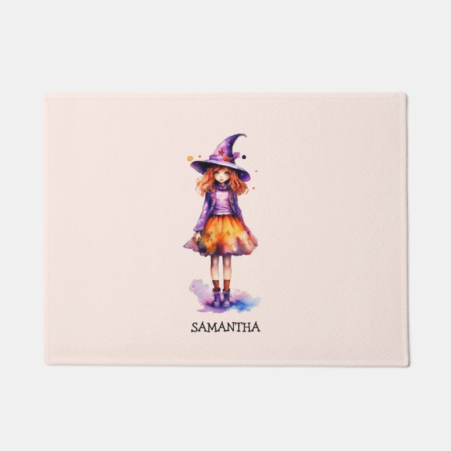 Personalized Cute Kid Witch Halloween Doormat (Front)