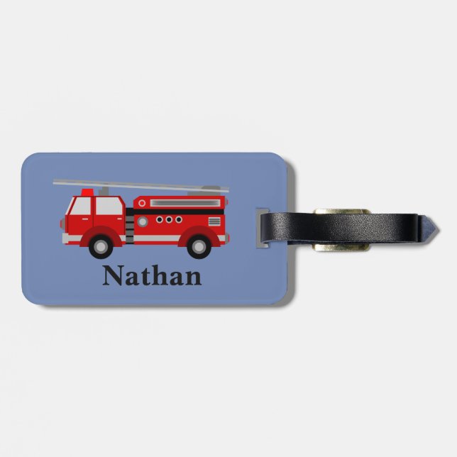 Personalized Cute Kids Red Firetruck luggage tag (Back Horizontal)