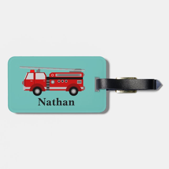 Personalized Cute Kids Red Firetruck luggage tag (Back Horizontal)