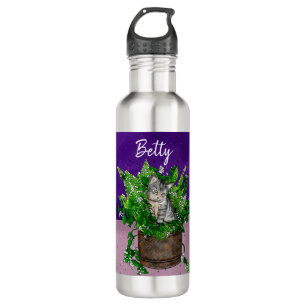 Personalized Cute Kitten in Catnip Pot   710 Ml Water Bottle
