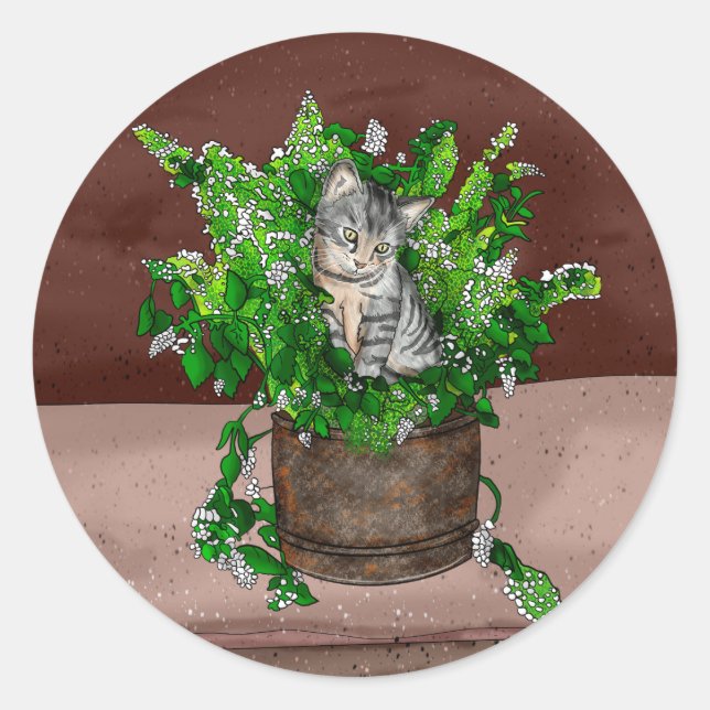 Personalized Cute Kitten in Catnip Pot    Classic Round Sticker (Front)