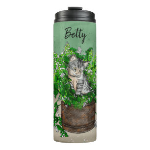 Personalized Cute Kitten in Catnip Pot   Thermal Tumbler