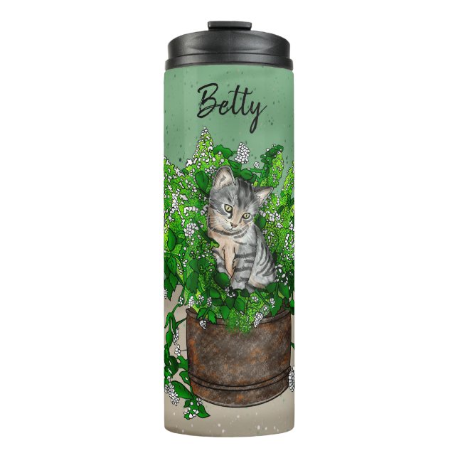 Personalized Cute Kitten in Catnip Pot   Thermal Tumbler (Front)