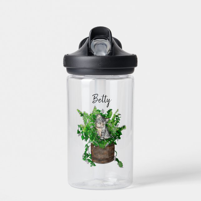 Personalized Cute Kitten in Catnip Pot   Water Bottle (Front)