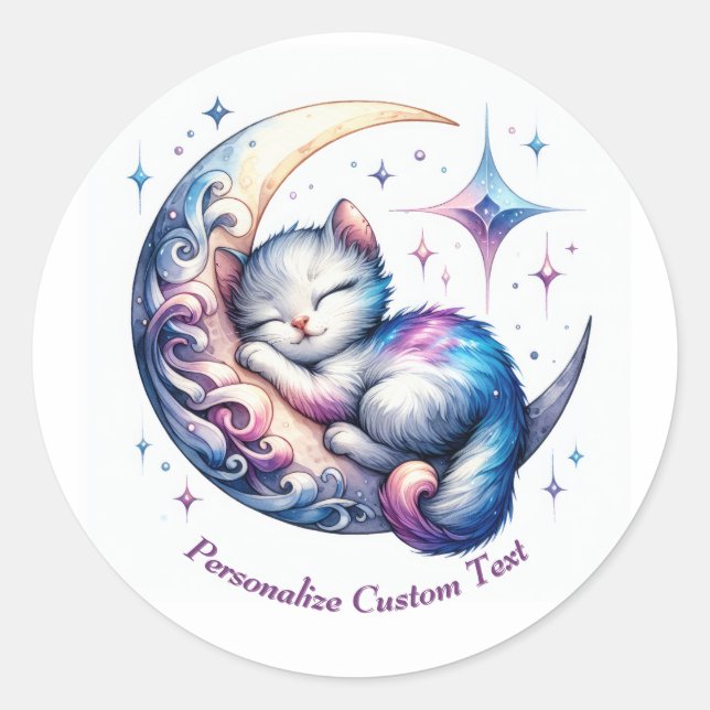 Personalized Cute Kitten Sleeping on a Half Moon Classic Round Sticker (Front)