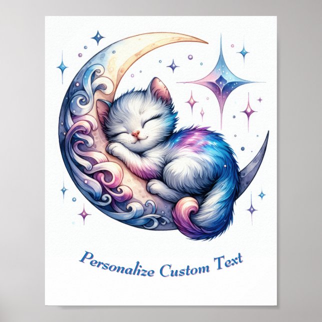 Personalized Cute Kitten Sleeping on Moon Poster (Front)