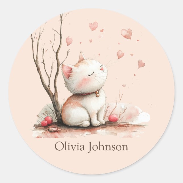 Personalized Cute Kitten with Hearts Classic Round Sticker (Front)