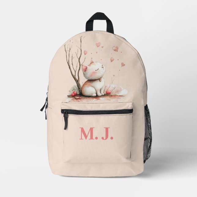 Personalized Cute Kitten with Hearts" Kids School Printed Backpack (Front)