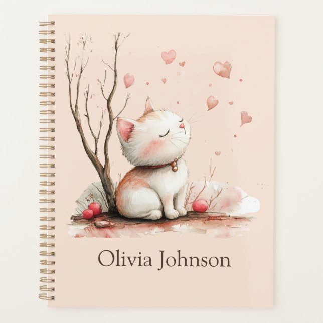 Personalized Cute Kitten with Hearts Planner (Front)