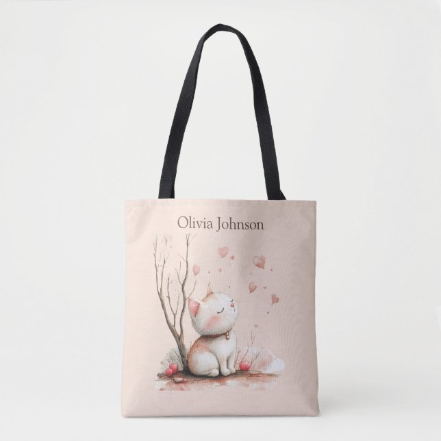Personalized Cute Kitten with Hearts Tote Bag (Front)