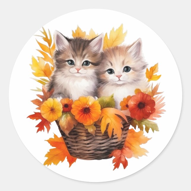 Personalized Cute Kittens Cats in Basket Classic Round Sticker (Front)