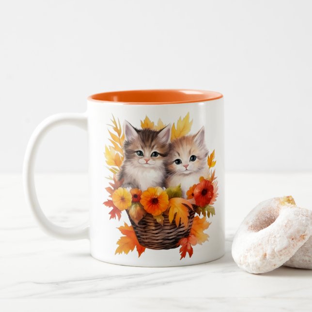 Personalized Cute Kittens Cats in Basket Two-Tone Coffee Mug (With Donut)