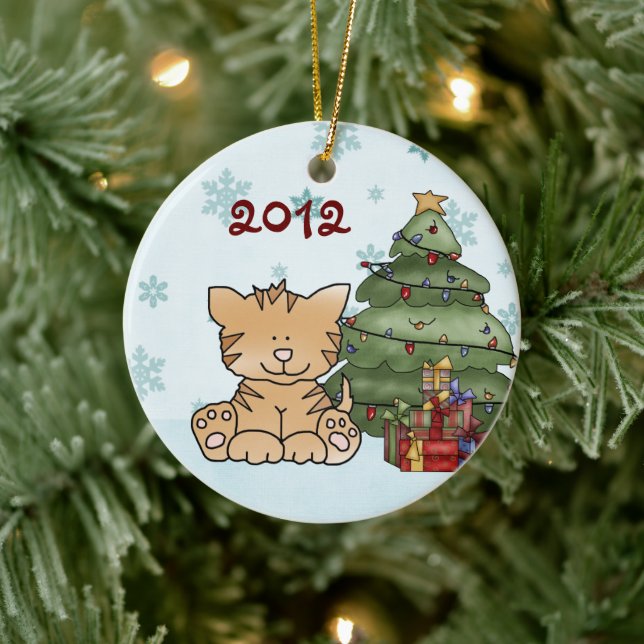Personalized Cute Kitty Cat Baby's 1st Christmas Ceramic Ornament (Tree)