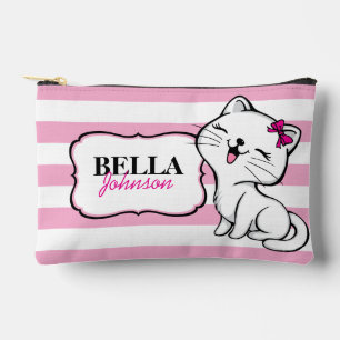 Personalized Cute Kitty Pink Stripped Accessory Pouch